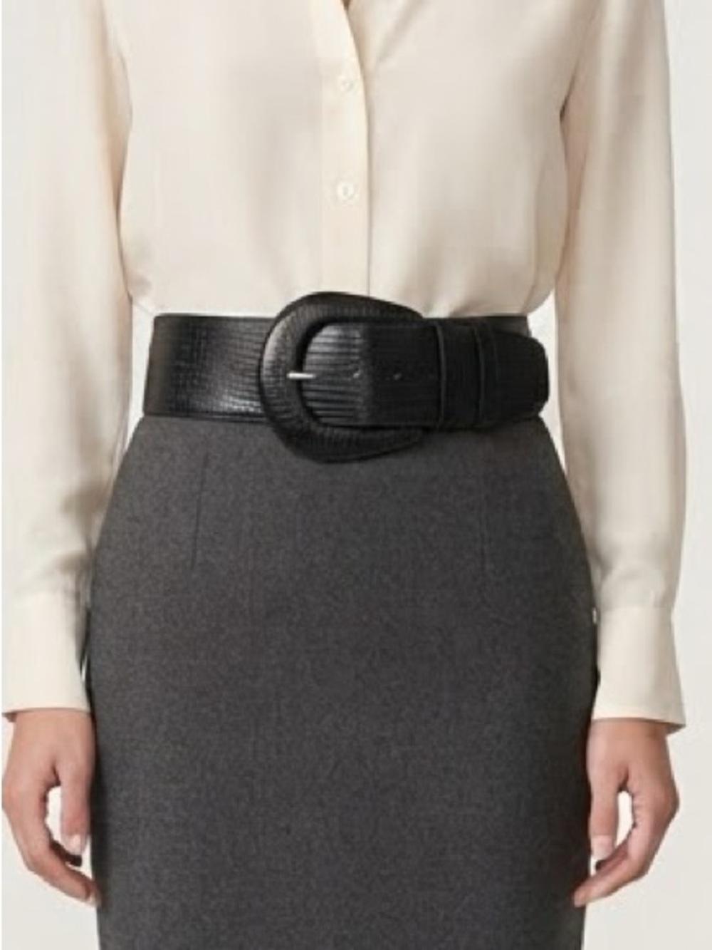 Wide Black Lizard Embossed Leather Belt with Statement Oval Buckle sz large